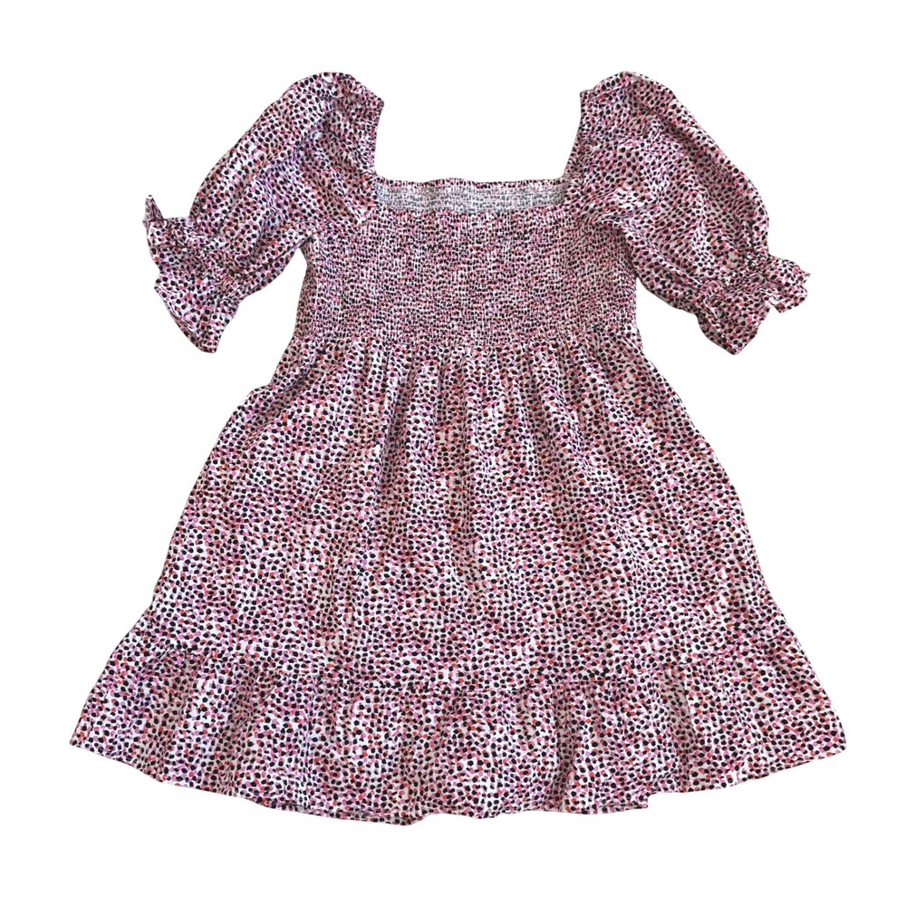 ELOQUII Elements Smocked Bodice Puff Sleeve Dress Pink Black Print 18 Chic - Picture 3 of 15